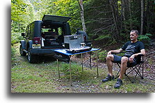 Having lunch in Newfoundland Widerness::A short break after several hours of driving in the woods::