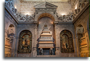 Royal tomb held by two elephants::Jeronimos Monastery, Lisbon, Portugal::